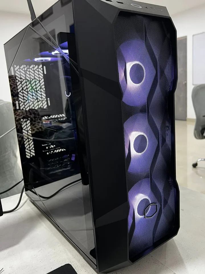 Front of the PC case with three lit intake fans