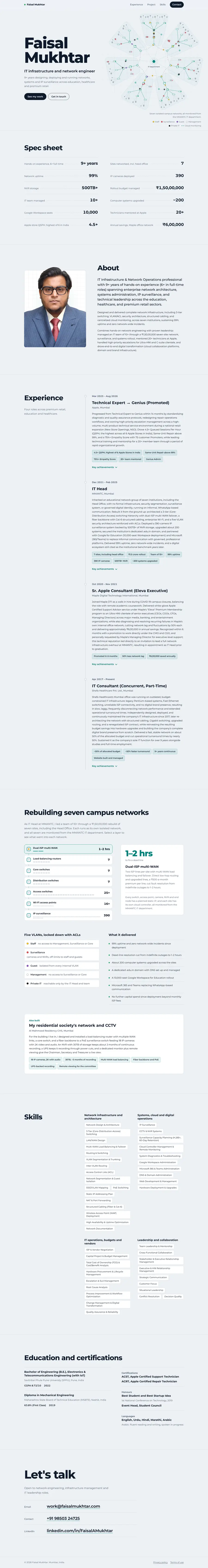 Full-length view of faisalmukhtar.com: hero, spec sheet, about, experience timeline, project explorer, skills, education and contact