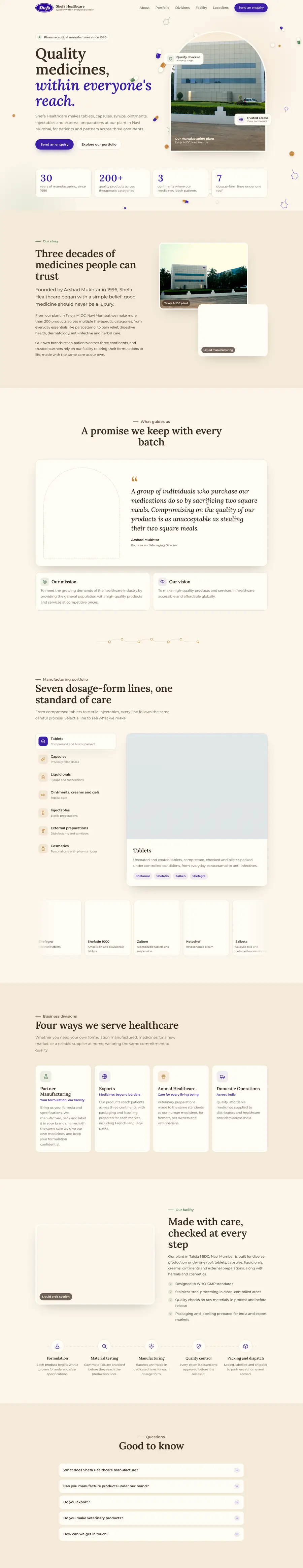 Full-length view of the Shefa Healthcare homepage: hero, statistics, story, founder's quote, portfolio, divisions, facility and FAQ
